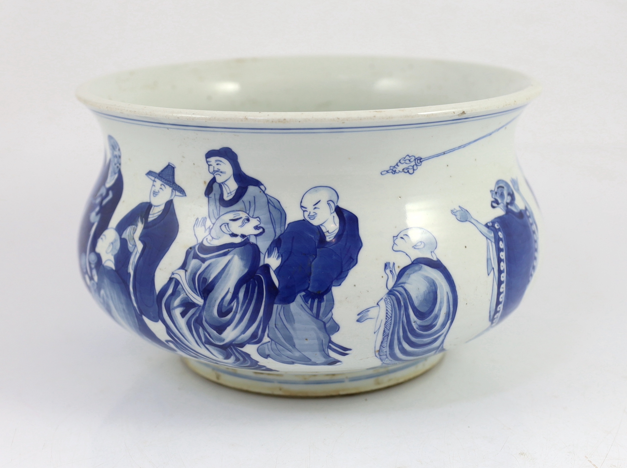 A rare Chinese blue and white ‘eighteen luohan’ censer, Kangxi period, inscribed dedication and cyclical date for 1709